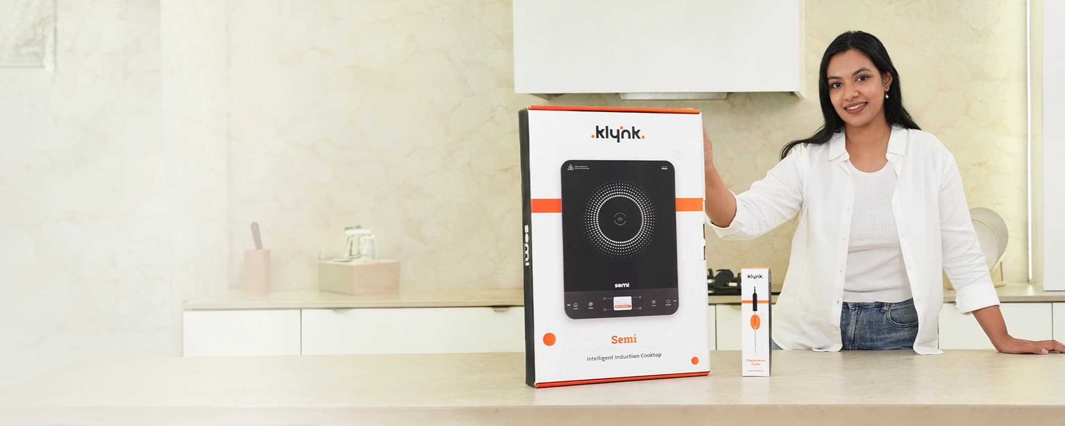 Semi smart induction cooktop with a modern kitchen background